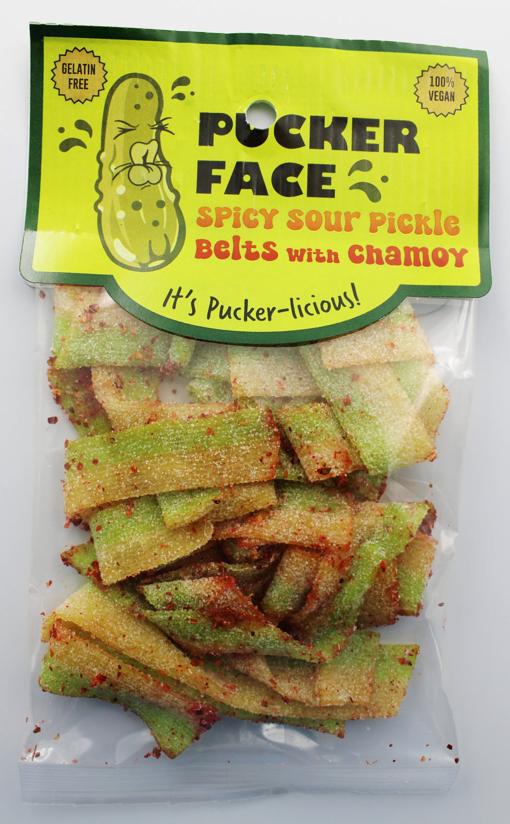 PUCKER FACE SPICY SOUR PICKLE BELTS WITH CHAMOY 12-2oz bags