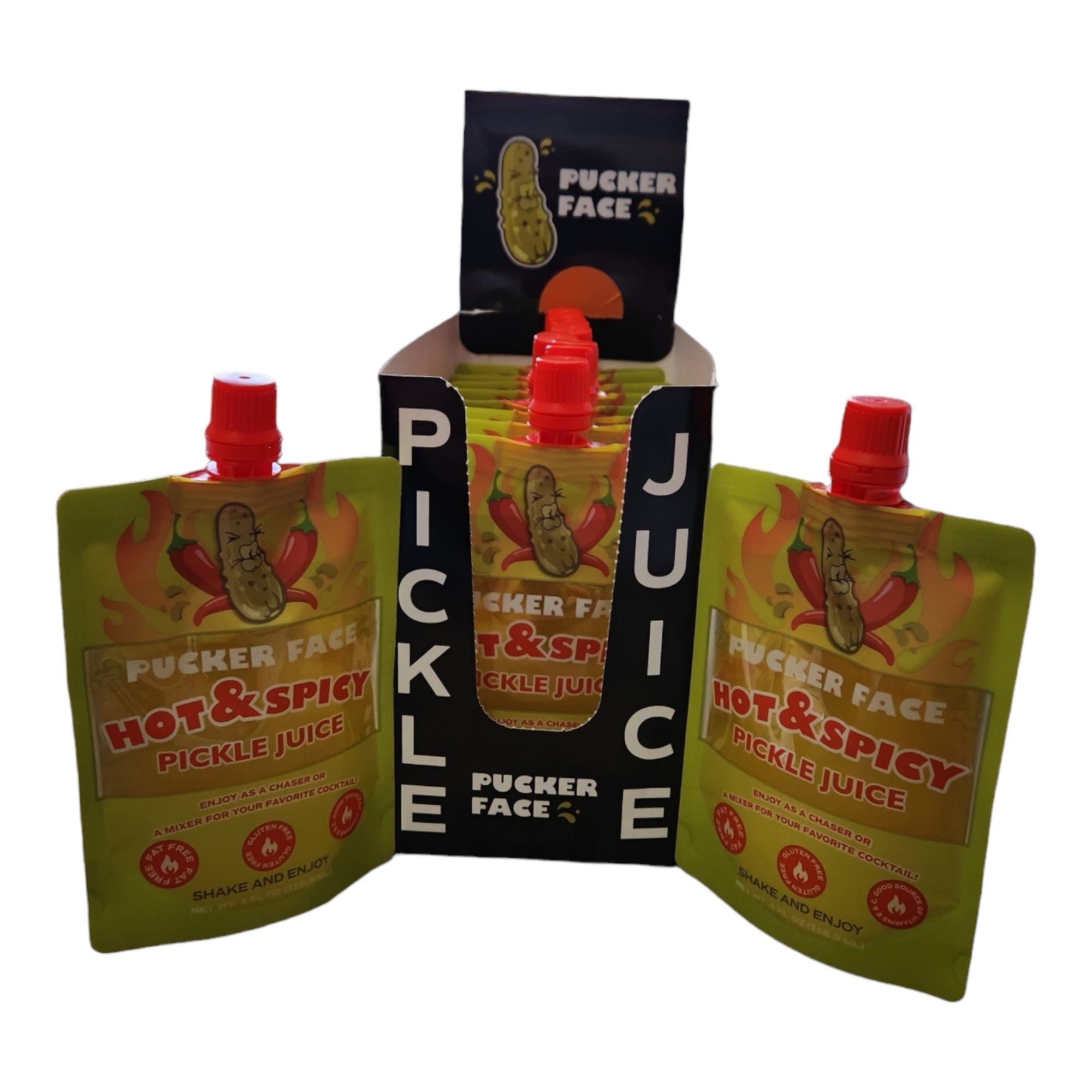 Pucker Face Hot & Spicy Pickle Juice 4 OZ 10 CT CADDIE BOX