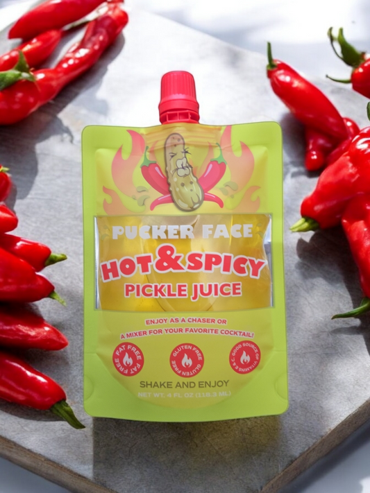 Pucker Face Hot & Spicy Pickle Juice 4 OZ 10 CT CADDIE BOX